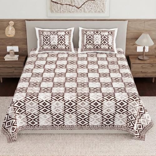 Image of Living Roots Ethnic Jaipur Block Print | Double Cotton Bedsheet & 2 Pillow Covers | for Mattress Upto 6 inches Thick, No Colour Bleeding | Brown, Off White King Size 90 * 108 inches, 144TC (610-B)