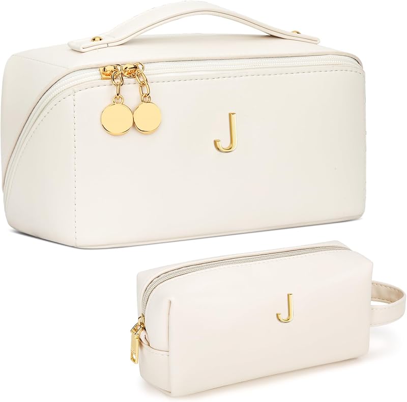 KKXIU Necessaire de maquiagem com inicial, design personalizado, bege, Pacote com 2