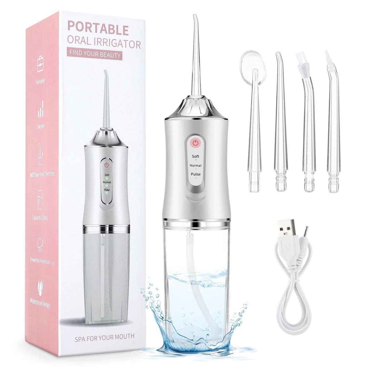 Cordless Water Flosser Portable Oral Irrigator for Teeth Cleaning with 4 Nozzles, 3 Pressure Modes, USB Rechargeable Waterproof Dental Cleaner for Braces, Implants & Gum Care-picture-29