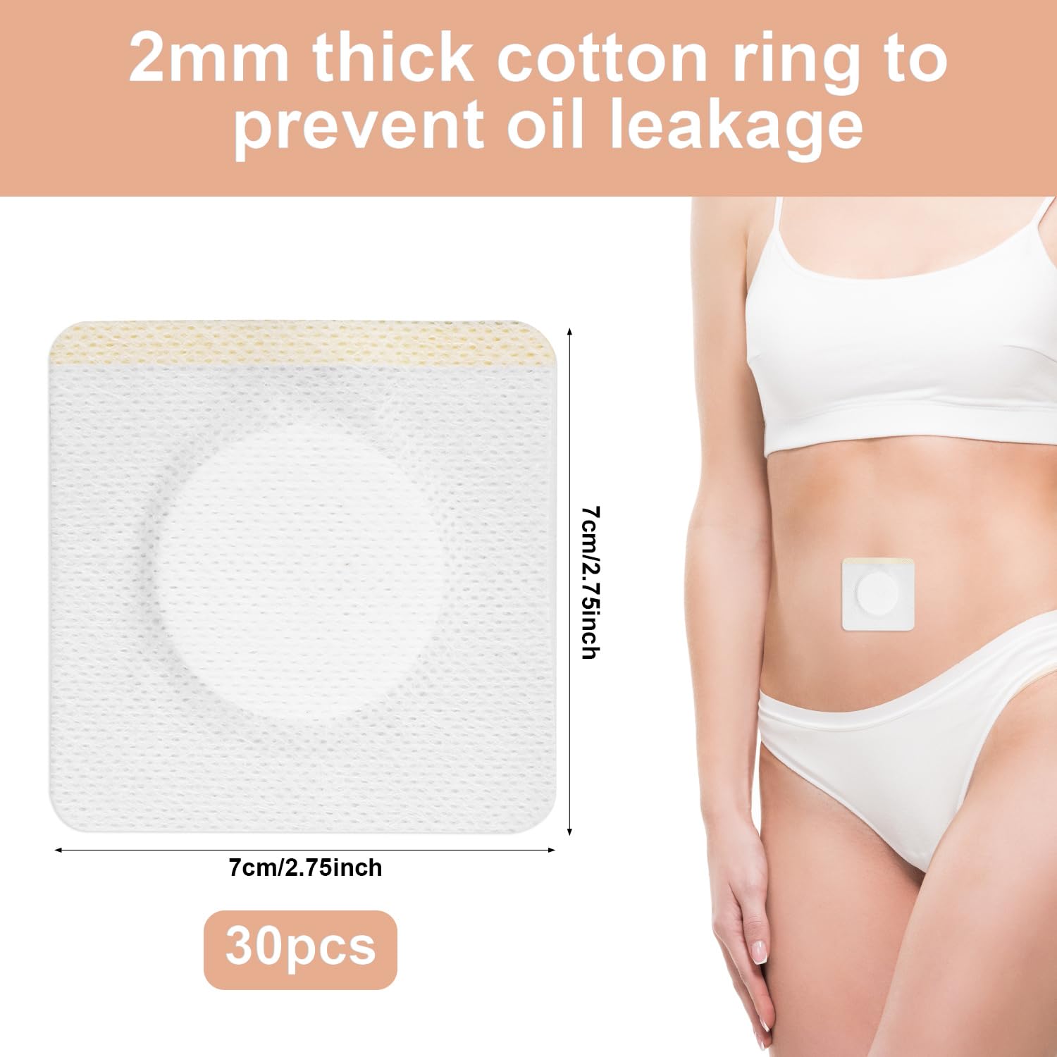 30pcs Castor Oil Belly Button Patch, Non-Woven Fabric 2.76x2.76in Castor Oil Cover Pads Good Absorbency Organic Cotton Disposable Self-Adhesive Pack Wrap No Leakage (Oil Not Included)