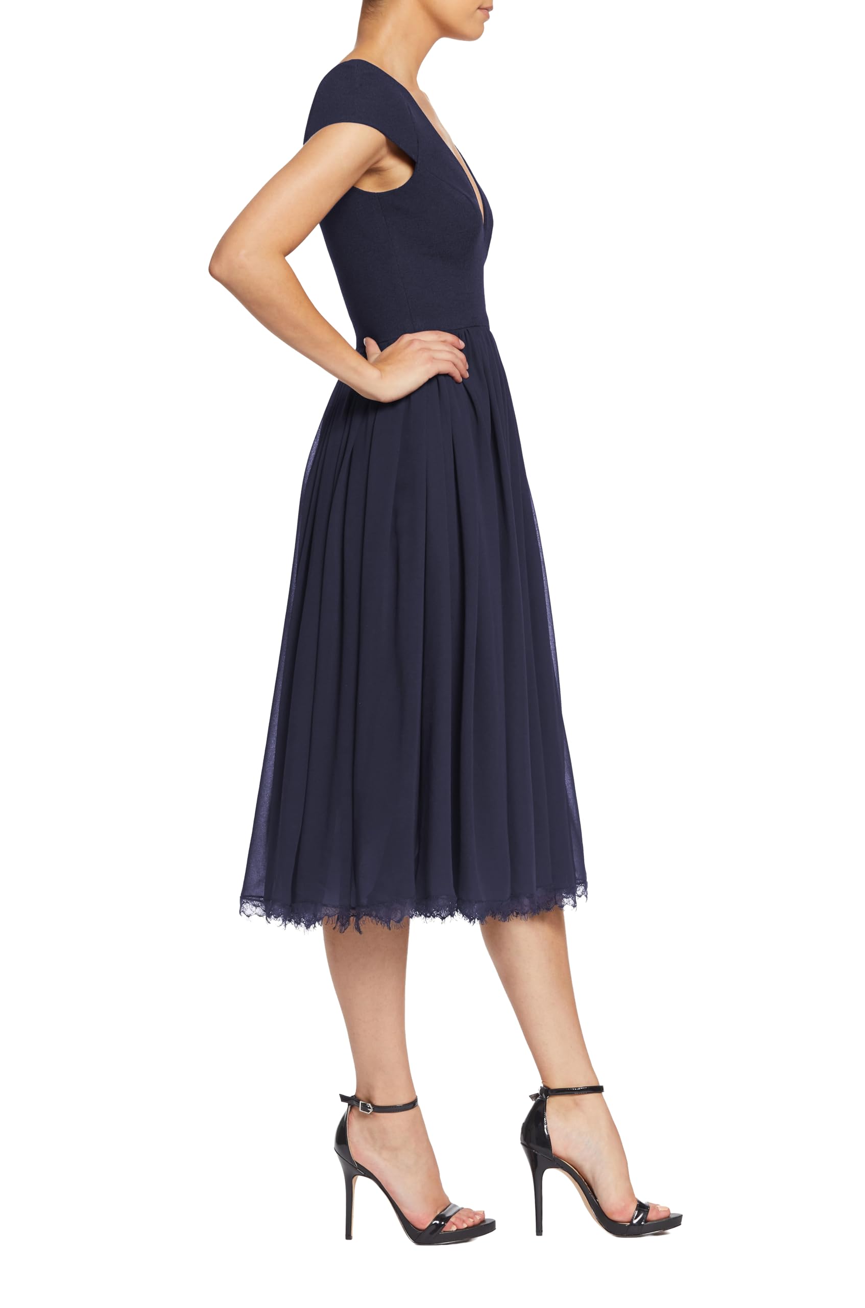Dress the Population Sukienka damski Corey Plunging Mix Media Cap Sleeve A-line Midi Dress