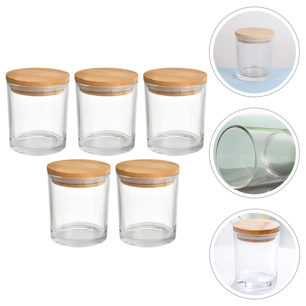 Runde Kerzenhalter aus Glas 5 Stück mit Bambusdeckel Leere Gläser für Duftkerzen und Kerzenbasteln im Wohnbereich