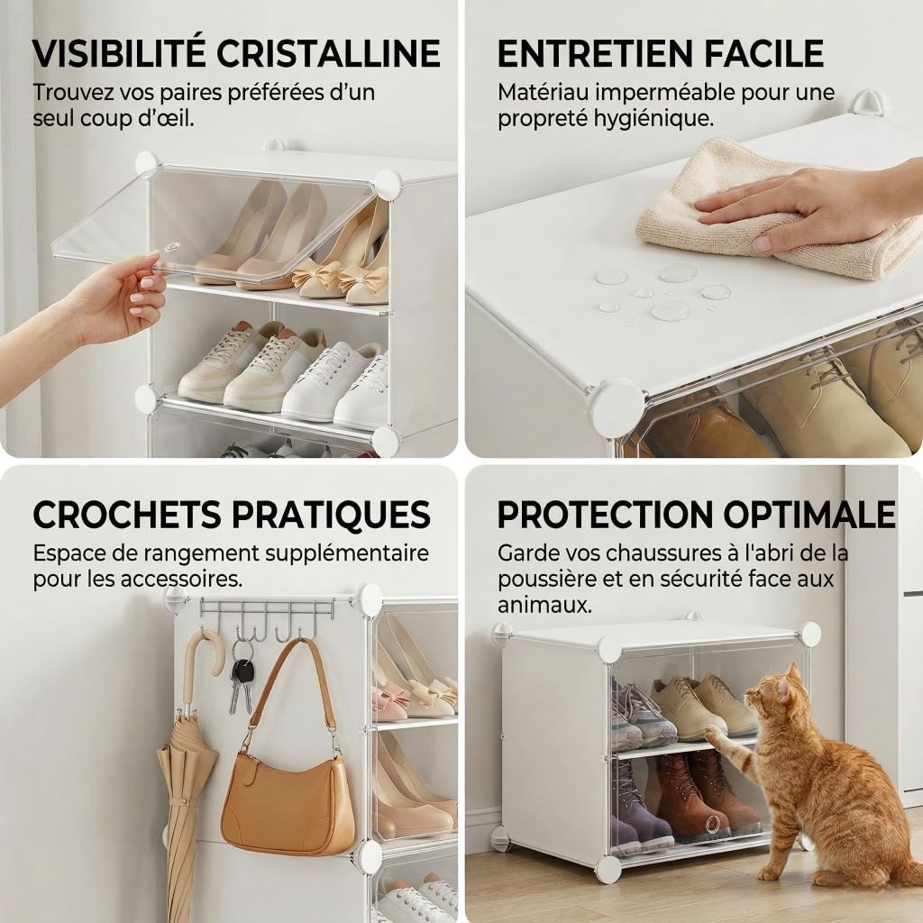 Scarpiera salvaspazio a 30 scomparti con porta, scarpiera modulare in plastica chiusa bianca, mobile per scarpe ingresso fai da te per corridoio camera da letto