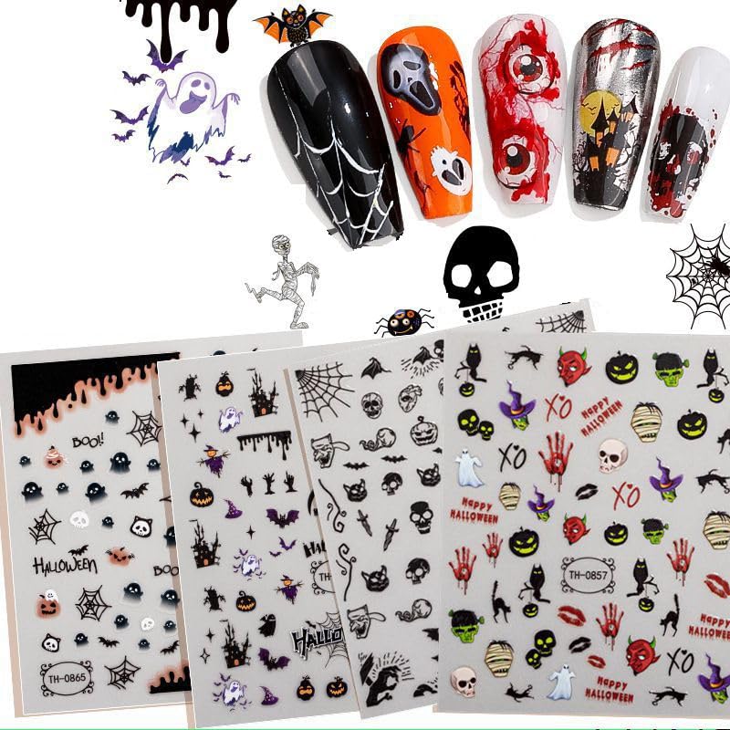 Halloween Nail Stickers for Nail Art - Cute Halloween Stickers with Ghost Witch Spider Web Bats Pumpkin Skeleton Bloody Design, Fall Nail Accessories Self Adhesive, 4pcs 3D Nail Decals for Women Kids