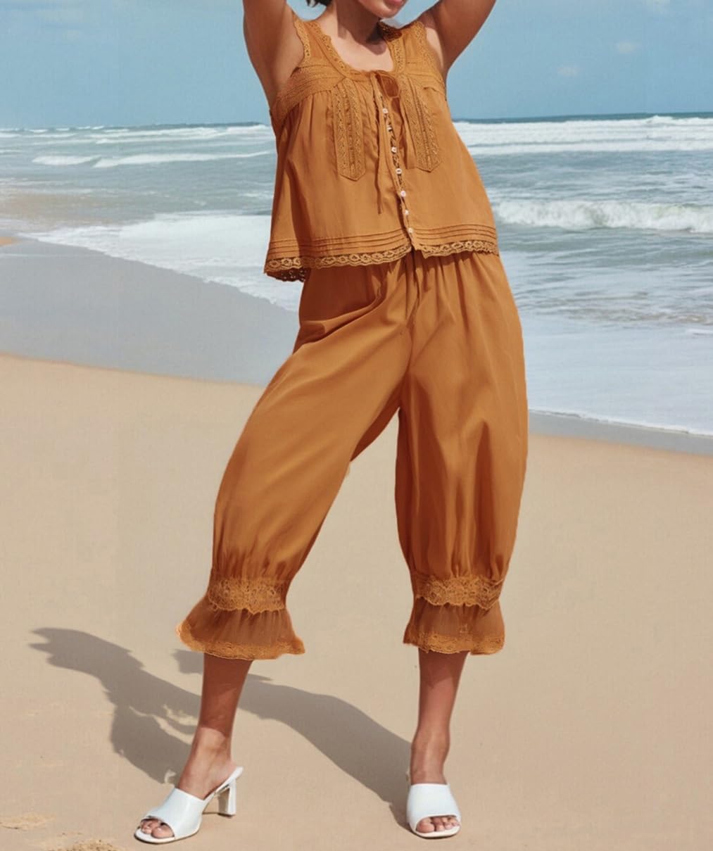 Aonoapll Women Y2k Lace Trim 2 Piece Pajama Set Tie Front Button Tank Top and Long Bloomer Pants Pj Set Loungewear - Image 2