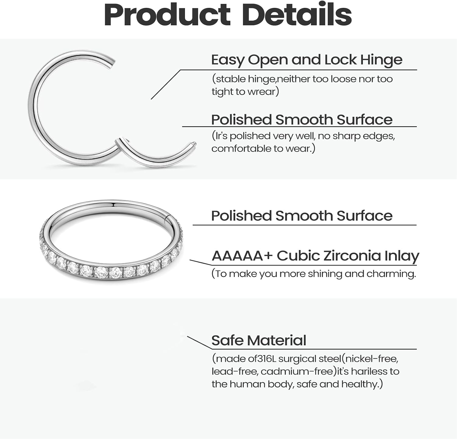 CZ Nose Rings for Man Women – Double Hoop and Segment Clicker Piercing Jewelry for Septum, Cartilage, Tragus, Helix, Hypoallergenic, 4 Set