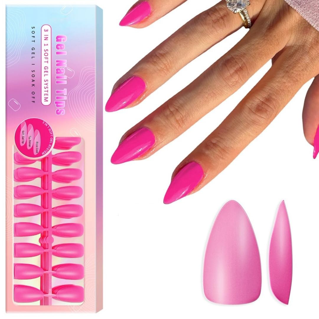 SXVME Gel Nail Tips Medium Almond Press on Nails Soft Gel Nails Tips 300Pcs Pre Colored Natrual Hot Pink Tips Press ons Soak Off Acrylic Fake Nails
