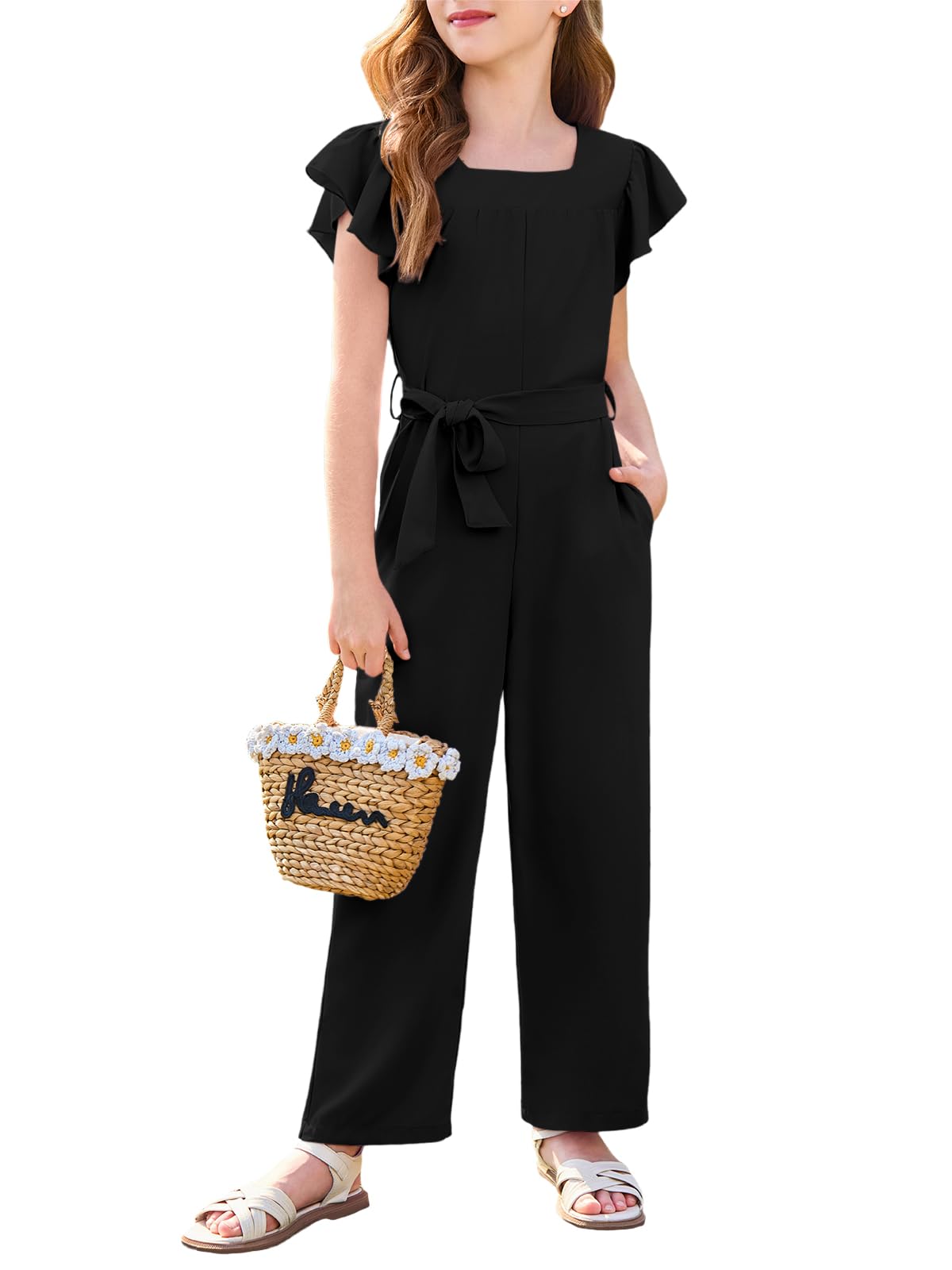 HaloumoningGirls Jumpsuit Kids Fashion Square Neck Ruffle Sleeve Belted Wide Leg Romper with Pockets