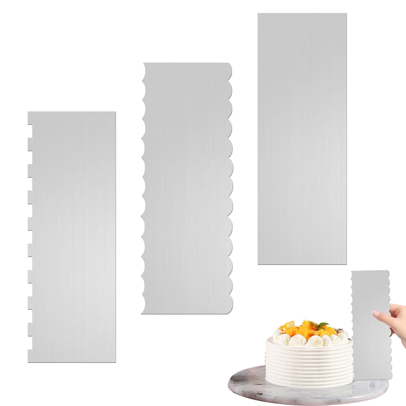 TOKSEO 3 Stück Tortenspachtel, Edelstahl Kuchenschaber, Tortenkamm, Cake Scraper Set, Kuchenspachtel, Buttercreme Spachtel, Tortenstreicher für Sahne und Zuckergusstorten Aller Formen