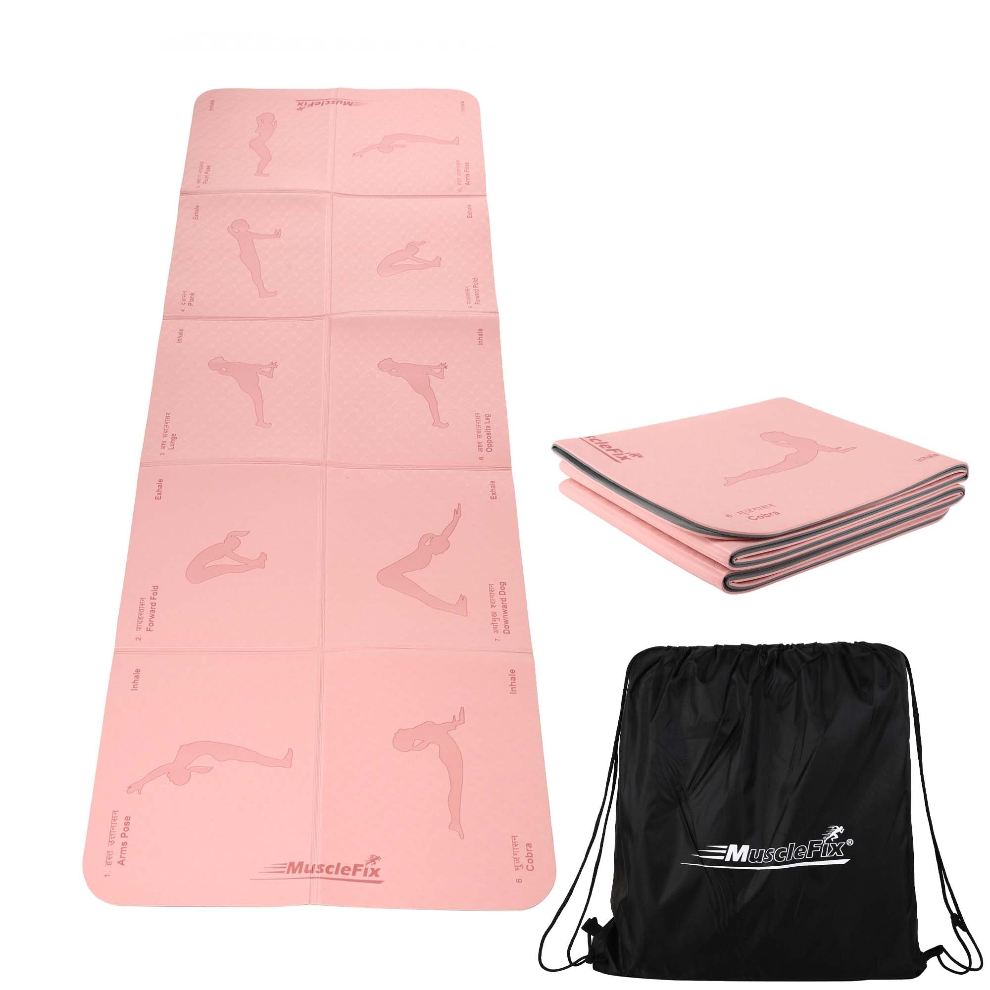 Premium Anti Skid Yoga Mat with Printed Surya Namaskar Pose Guide & Carry Bag | 6mm Eco-Friendly Non-Slip Exercise Mat | 100% Natural Rubber Base | Sweat Resistant for Pilates, Meditation, Stretching, Fitness & Home Gym | 182 x 66 cm (Pink)-image-13