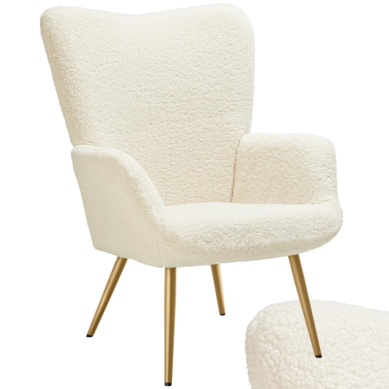 tectake® Fauteuil Relax Confortable en Tissu Bouclette Fauteuil Scandinave Moelleux avec Accoudoirs & Dossier Ergonomique pour Salle à Manger, Salon, Chambre, Siege Bureau, Allaitement Crème/​Or