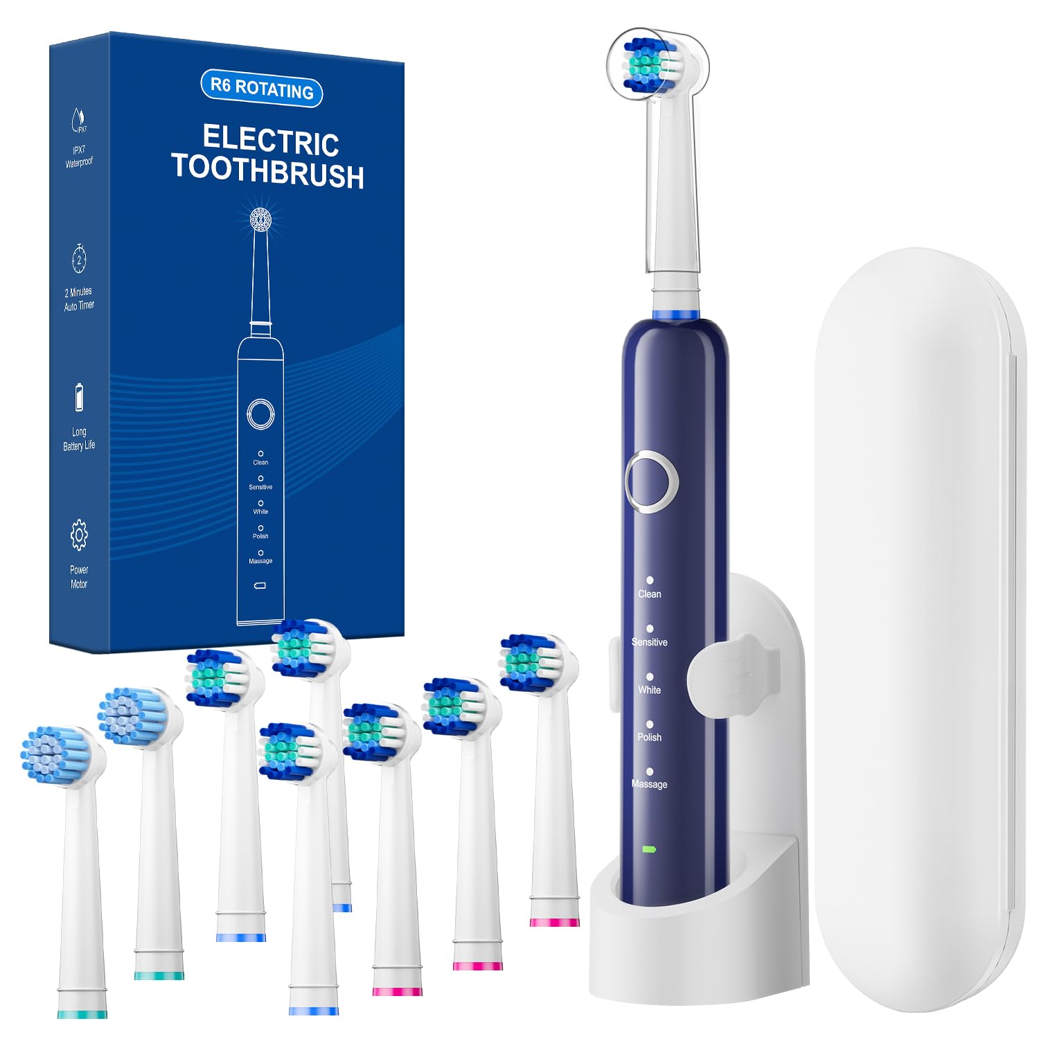 Rtauys Spazzolino elettrico rotante per adulti con 8 testine (2 tipi), 5 modalità di spazzolino elettrico ricaricabile con custodia da viaggio e timer Smrte da 2 minuti