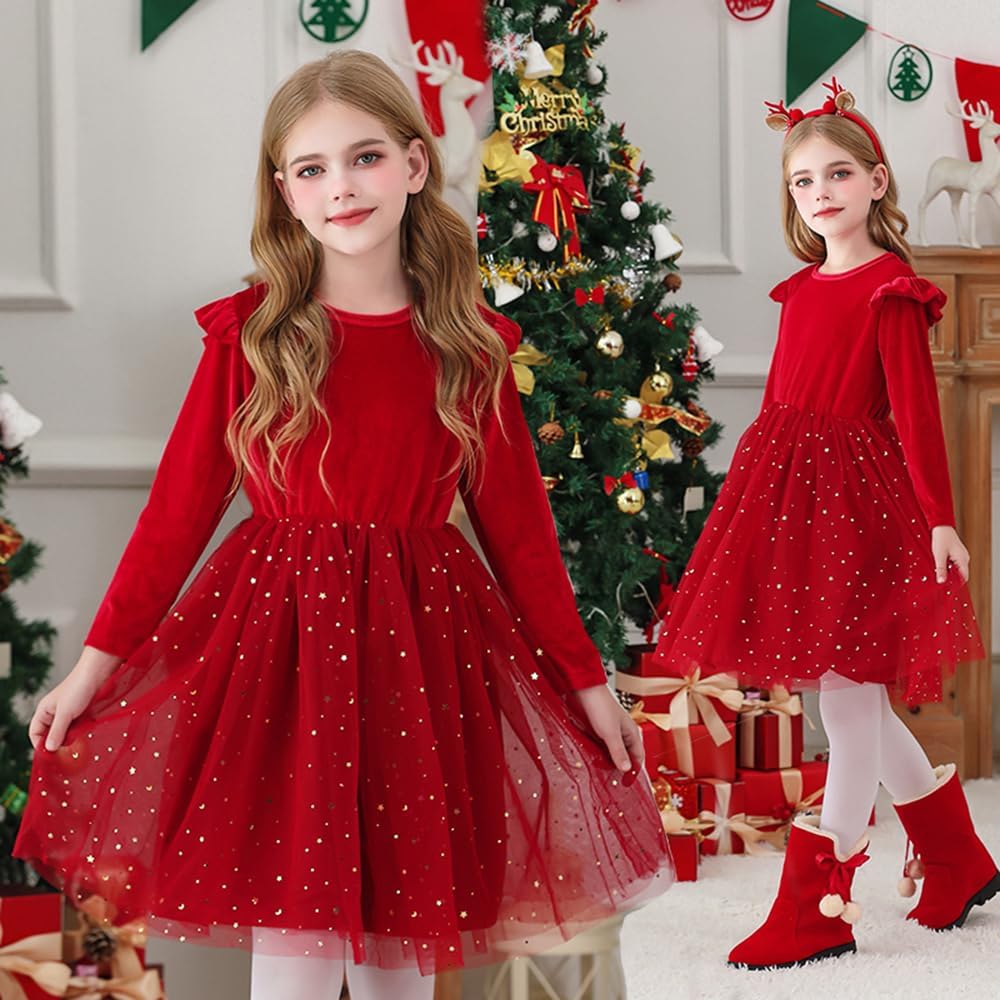 Zanie Kids Girls Long Sleeve Dress Velvet Tulle Little Girls Ruffle Holiday Party Dress 2-10Y - Image 2