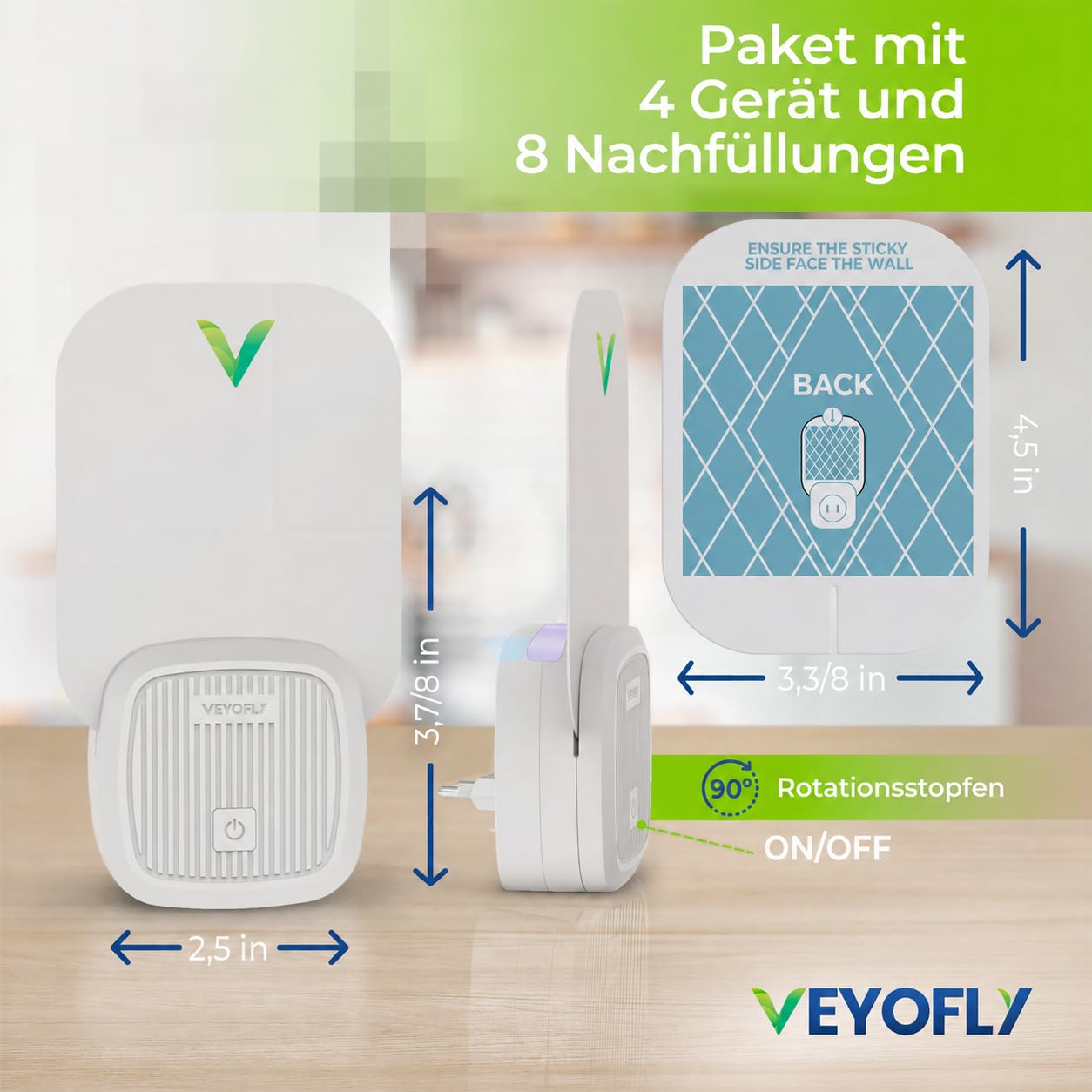 VEYOFLY Fliegenfalle UV, Fruchtfliegenfalle, 4 Geräte + 8 Nachfüllungen | UV-Licht lockt Insekten auf Wechsel-Klebekarten, leise 24/7, Stecker, Innenbereich, ohne Insektenvernichter Elektrisch