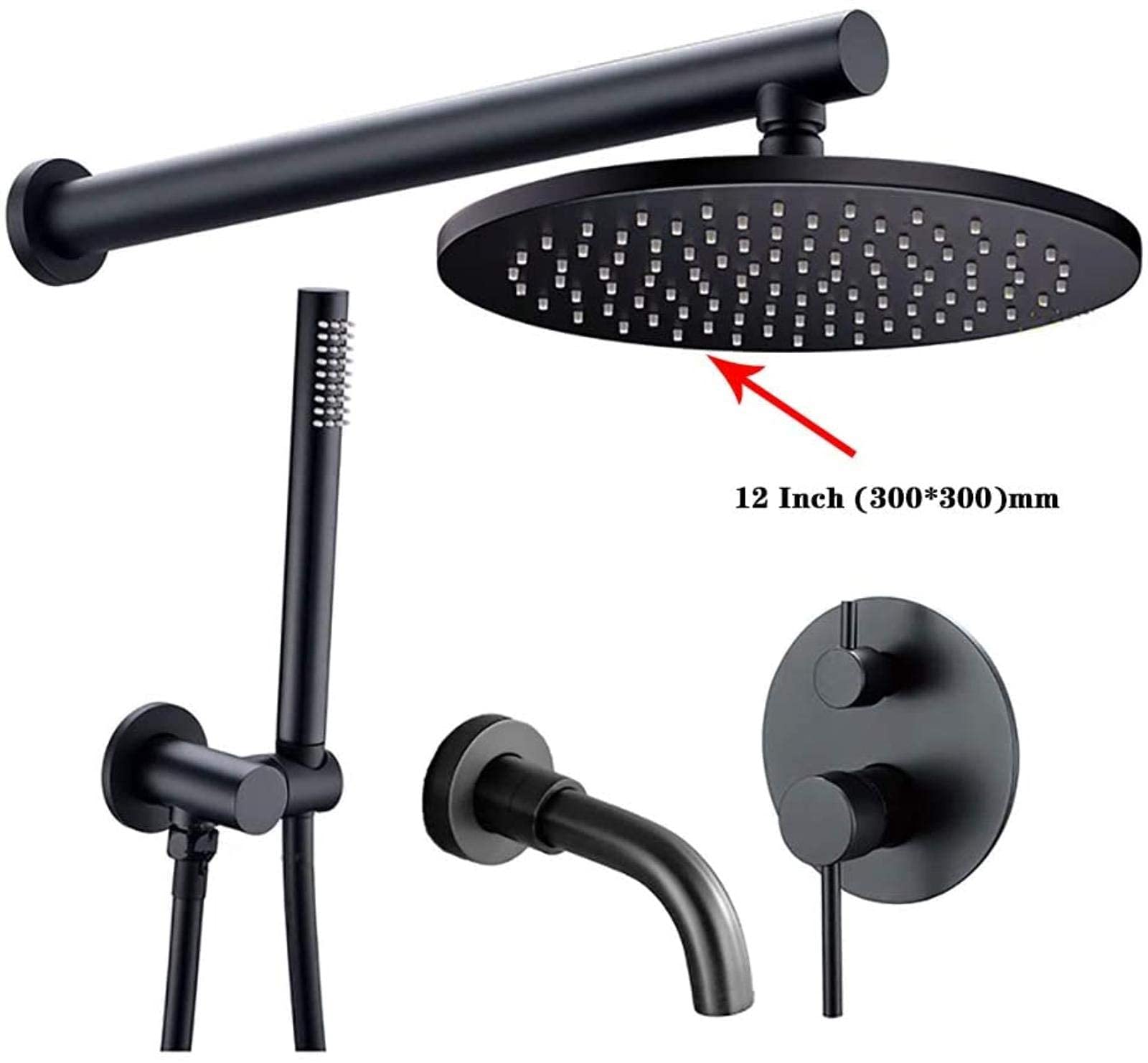 Miscelatore deviatore in ottone nero a parete, set doccia per bagno con soffione doccia a pioggia rotondo in ottone da 8-12 pollici, rubinetti per doccia e vasca, set doccia, 8 pollici Beauty Comes