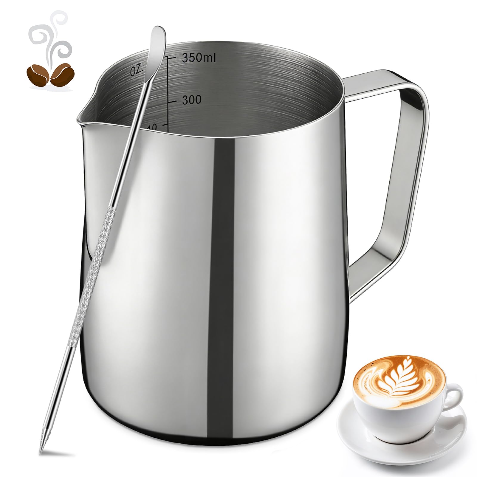 Milk Frothing Pitcher, 350ml/12oz Milk Jug for Coffee Machine, Stainless Steel Pitcher with Measurement Mark and Decorating Pen for Making Latte Art
