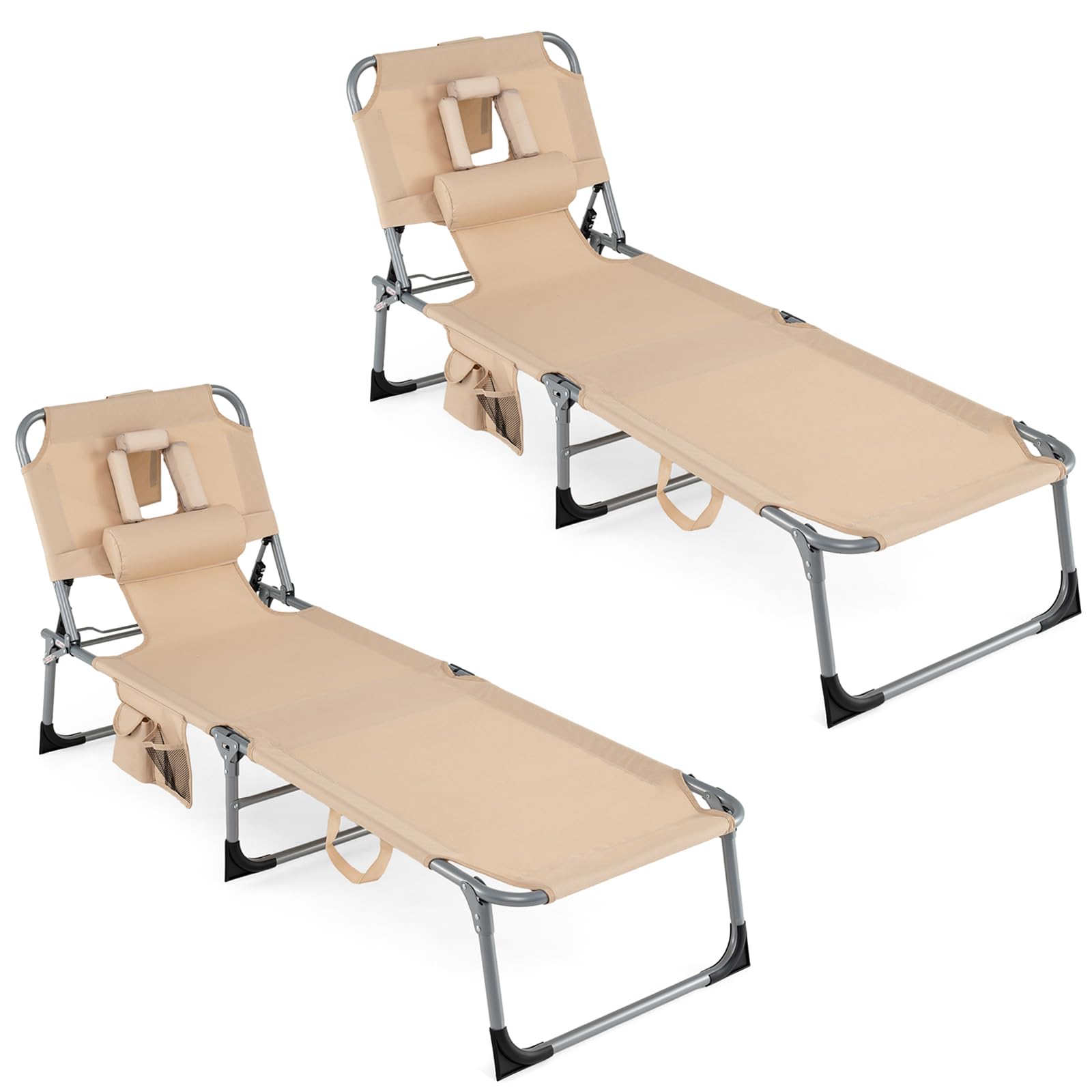 COSTWAY Tanning Chair with Face Hole, Folding Beach Lounge Chair with 4-Position Adjustable Backrest, Pillow & Side Pocket, Foldable Chaise Lounge