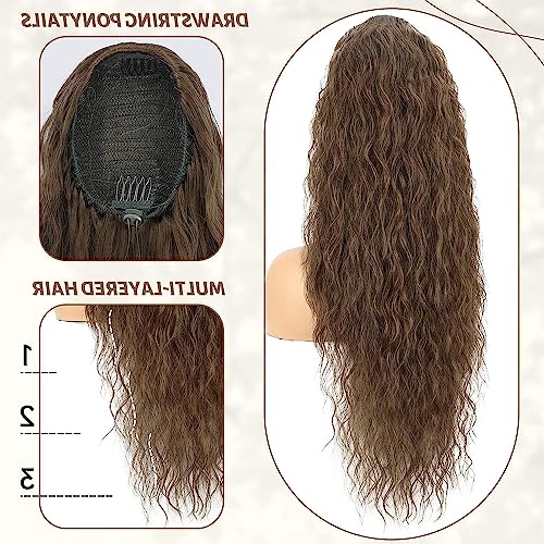 PORSMEER Ponytail Extension Brown Long Curly Drawstring Clip in Pony Hair Extension Synthetic Water curl Pony Tail Hairpiece for Women - Image 4