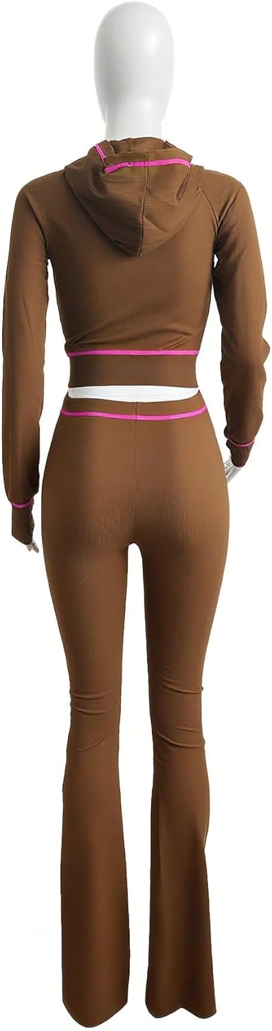 Women Two Piece Tracksuit Zip Up Crop Hoodie Flare Pants Contrast Stitch Lounge Set Ribbed Knit Fall Winter - Image 5