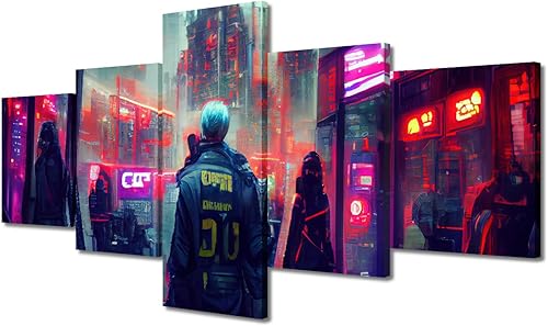 Miniatura 15 de Lienzo decorativo moderno para pared, pintura artística Cyberpunk, impresión de 5 paneles, decoración de lienzo para sala de estar para dormitorio