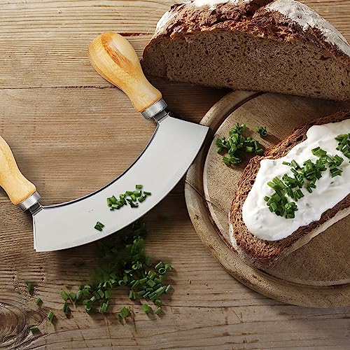 Foto von Relaxdays Wiegemesser mit Brett, Bambus & Edelstahl, zweischneidiges Kräutermesser, Kräuterbrett Ø 20 cm, natur/silber