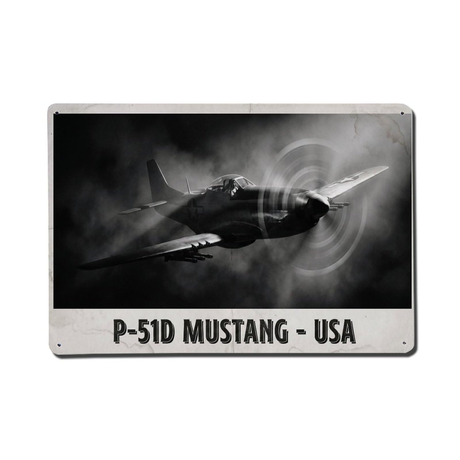 WWII Fighter Aircraft P-51D Mustang Noir Shadow Metal Tin Sign Plaque Wall Decor for Cafe, Man Cave, Club Bar, Office, Home Garden Round Metal Poster 8x12Inch