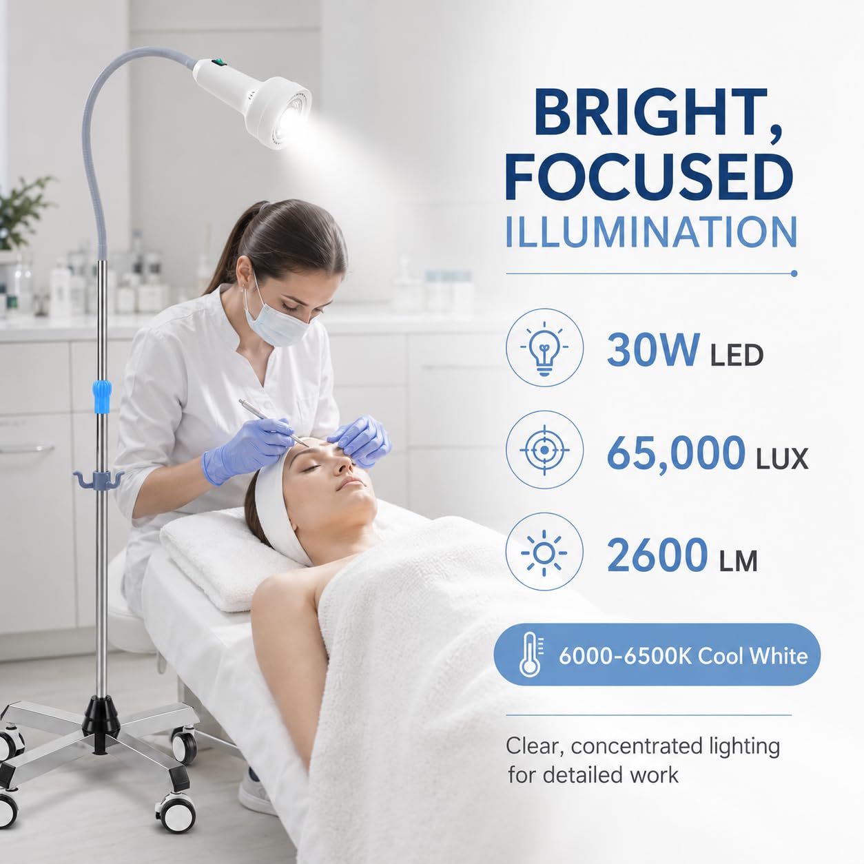 Mobile Untersuchungslampe, Einstellbare Höhe Stehlampe Dental Mobile Led mit 4-Universalrädern 2 mit Bremsen, 360° Drehbar Untersuchungsleuchte Ambulanzen, Gynäkologie, Schönheitssalons