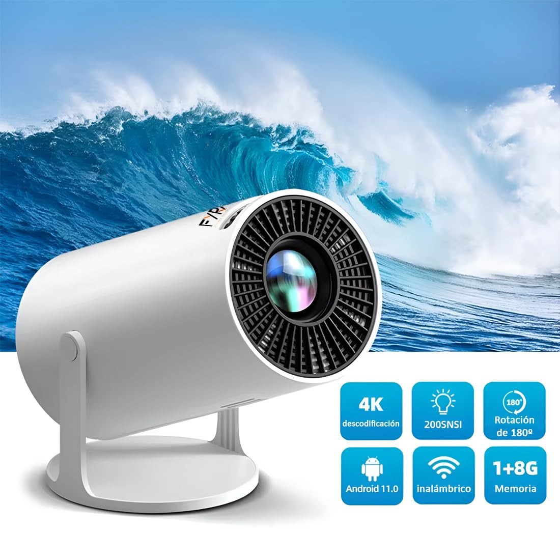 FYRA Mini projecteur portable avec Android 11, WiFi 6, pivotant à 180°, support 4K 1080P Full HD, 8000L, Bluetooth 5.0, LED LCD, HDMI, sans fil, Home Cinéma, activités de plein air