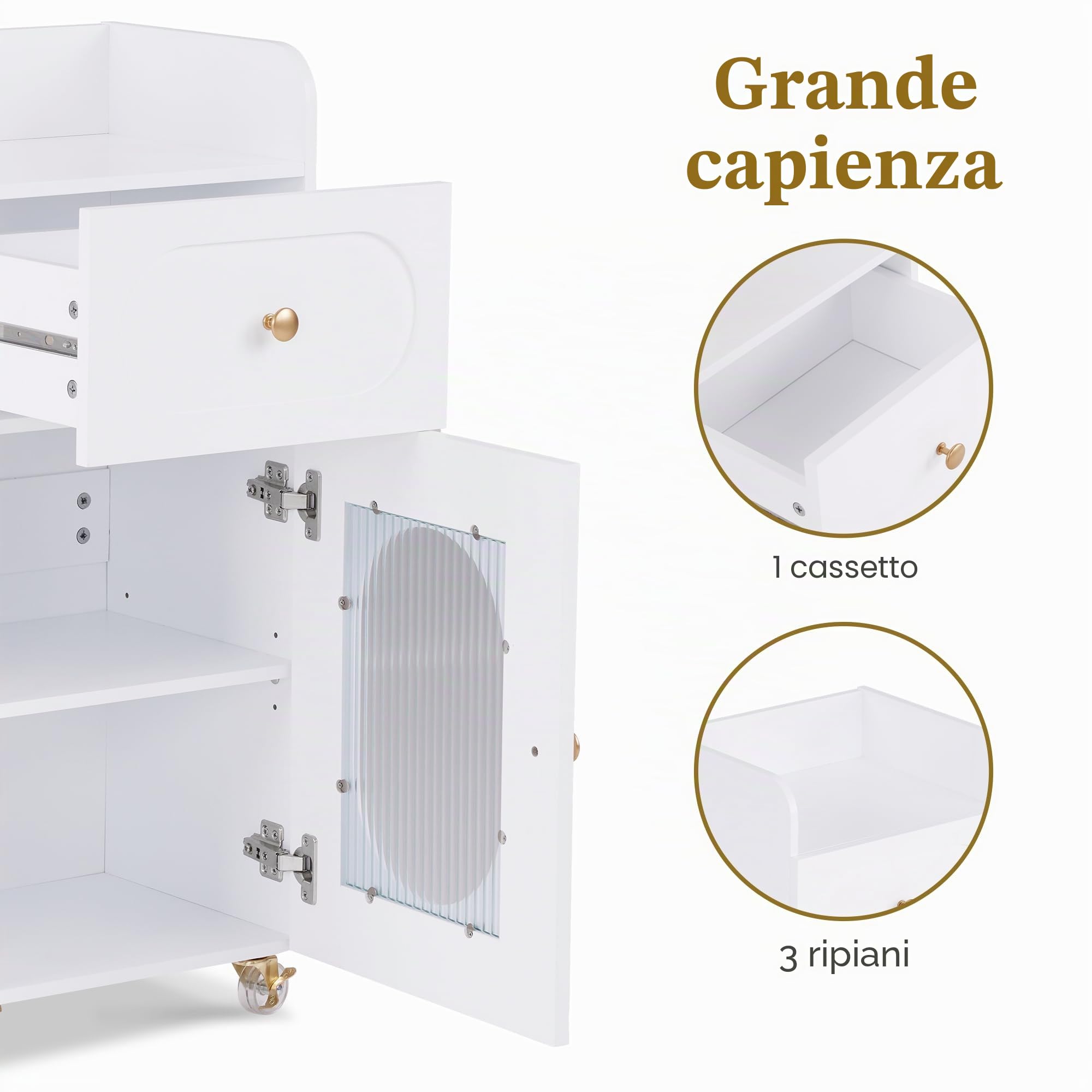 M MCombo Carrello per parrucchiere con ruote e cassetti, carrello da servizio bianco, carrello da salone con 3 ripiani e supporto per phon, 31,4x37x85,5 cm, 0051