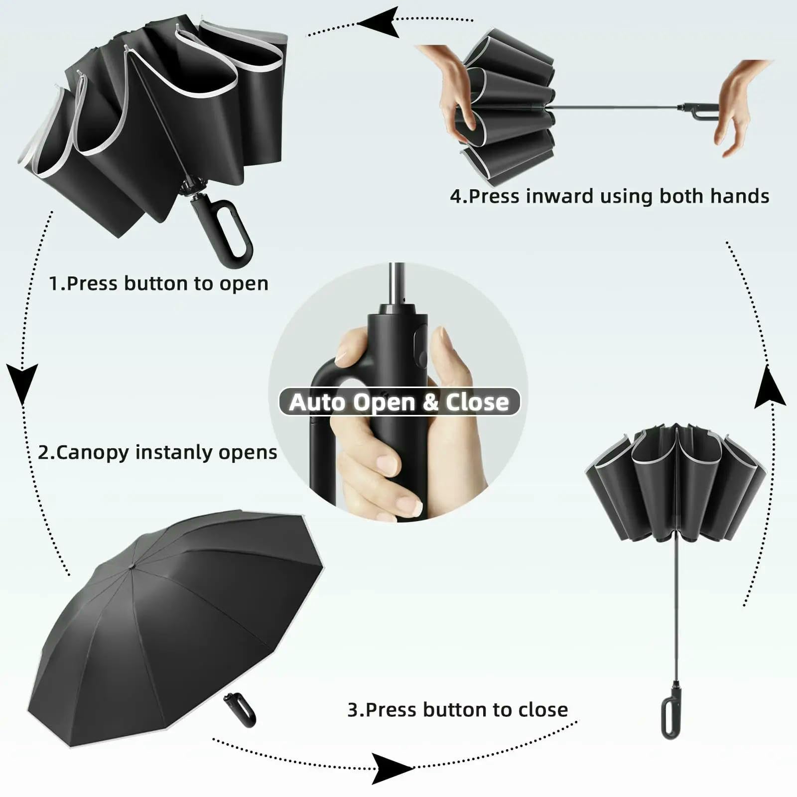 Ombrello Grande A Piegatura Inversa Antivento - Strisce Automatiche Aperte E Vicine, Riflettenti, Protezione Up50+ UV, Rain & Sun Parasol-125 Cm Nero
