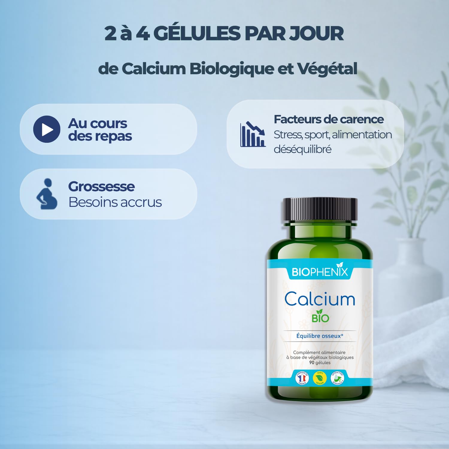Biophénix - Calcium Bio 90 Gélules - Procédé Exclusif Extraction Intégrale® - Complément Alimentaire 100% Naturel - Equilibre Osseux & Fonction Musculaire - Fabriqué en France - Vegan