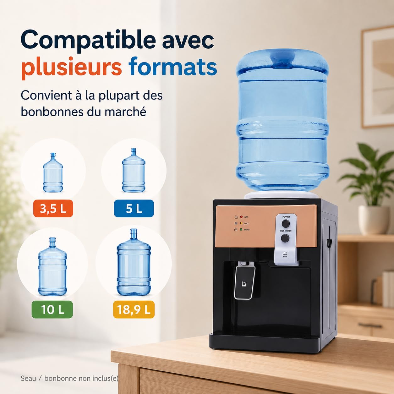 Distributeur d'eau électrique 550 W, source d'eau chaude et froide, pour bureau, maison, machine à eau avec bac de collecte d'eau amovible, pour seaux de 3,5 L, 5 L, 10 L, 18,9 L, pour
