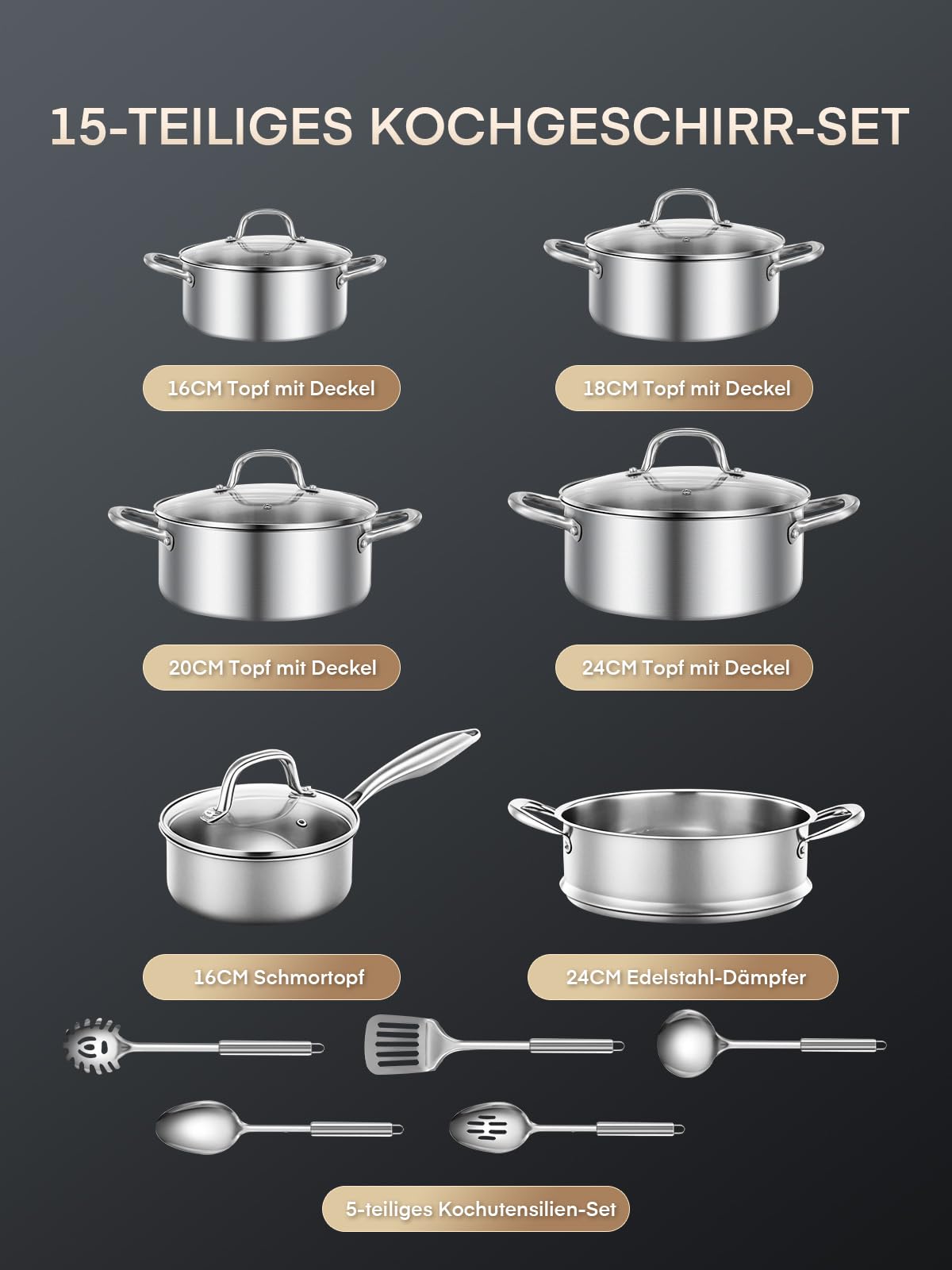 Topfset Edelstahl 3-PLY, 15-tlg Premium Induktions Töpfe Set Induktionsgeeignet für alle Herdarten, mit Dünsteinsatz & 5-Teilig exklusivem Löffelzubehör, unbeschichtet, für Camping und Wohnung