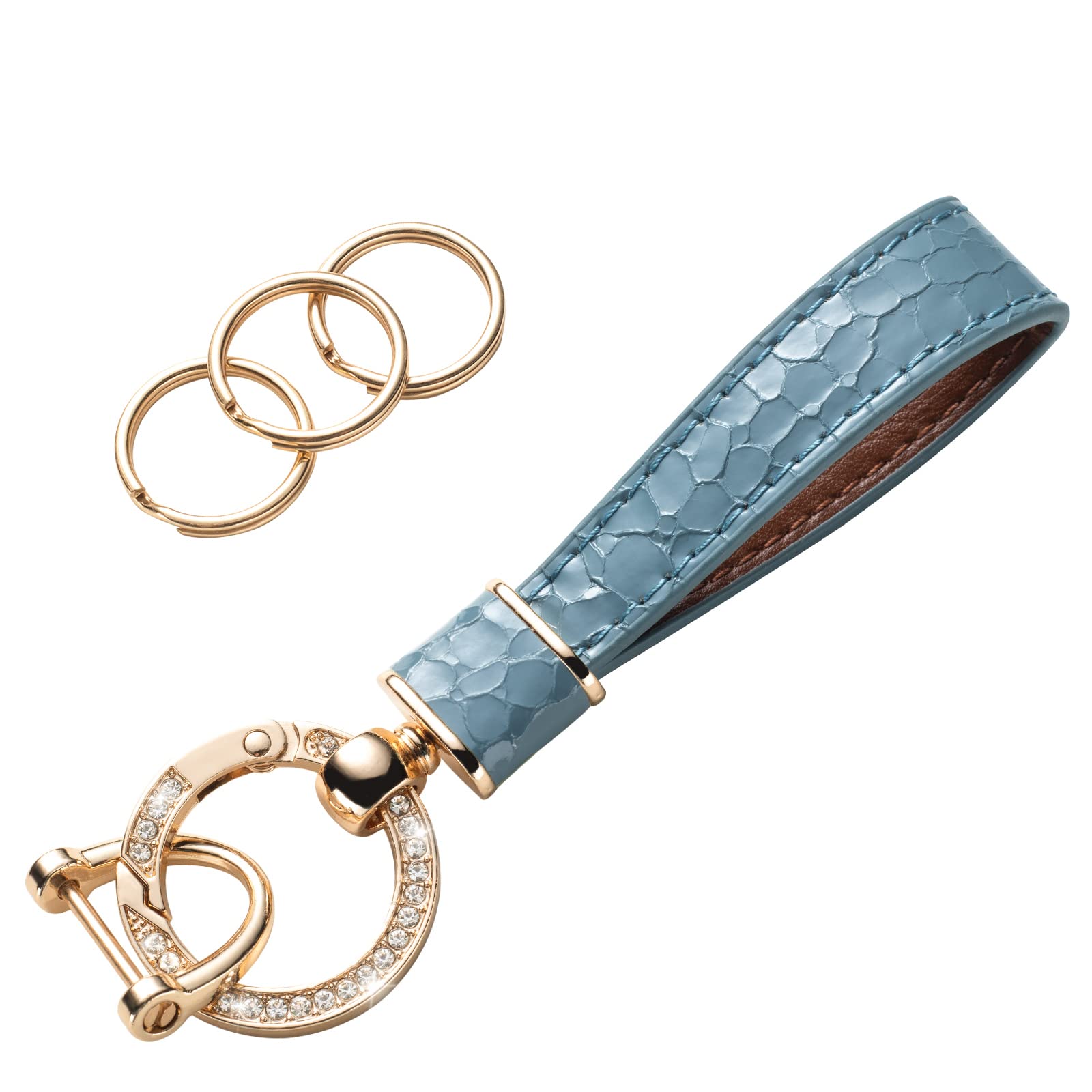 Gematay Leather Car Keychain, Universal Car Key Fob Keychain Holder for Men and Women with 3 Keyrings, Anti-lost D-ring and Bling Metal Clip, Blue