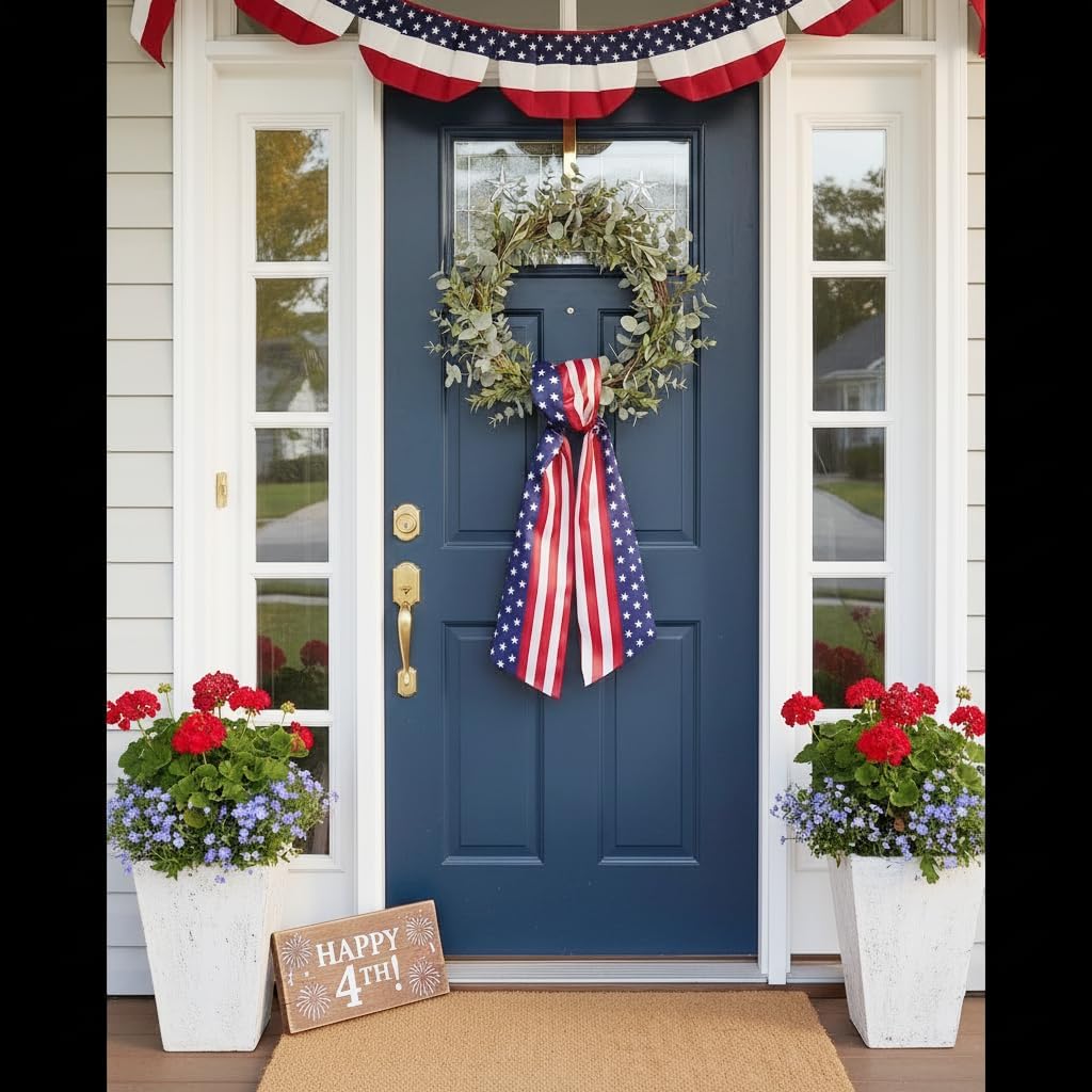 Yuubin 2 Pcs 4th of July Wreath Sash Patriotic Wreaths for Front Door Embroidery Monogram Garland Red Blue Patriotic Ribbon Accessories Yard Doorway Outdoor Indoor Party Wall Decorations
