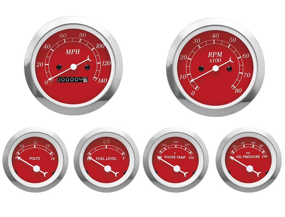 Image of MOTOR METER RACING Classic Mechanical 6 Gauge Set Red Dial White Needle | Speedometer Cable Signal, 85mm, 3-3 /8 inch, 52mm, 2-1 /16 inch, Speedometer Analog Odometer, Light Bulb Illumination, Car, Automobile