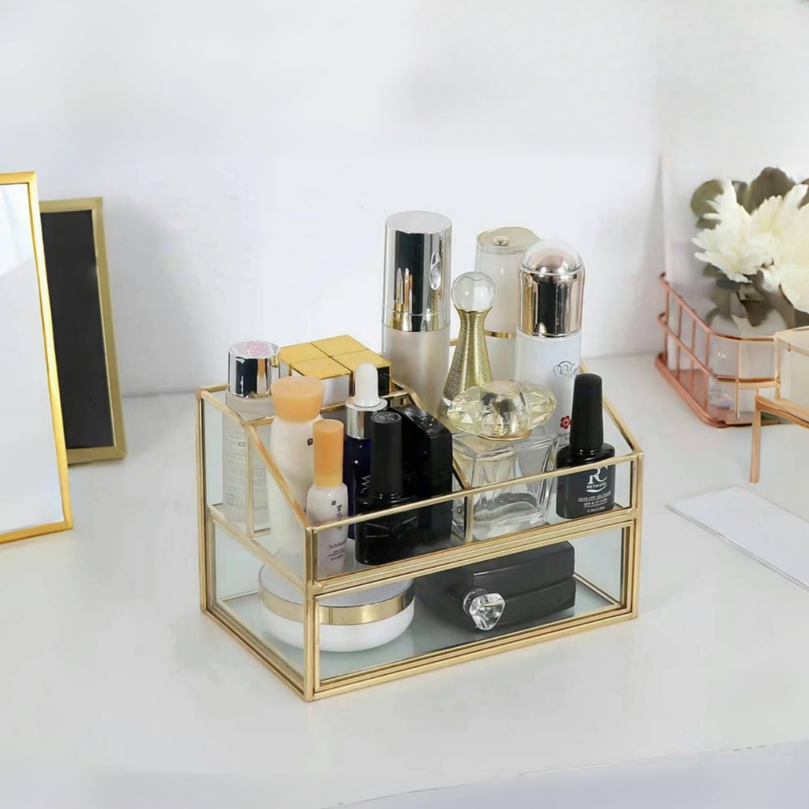 Organizer Trucchi con Cassetti, Portatrucchi Organizzatore in Vetro, Contenitori per Trucchi Oro, Porta Trucchi Organizer per Dresser, Camera da Letto, Bagno