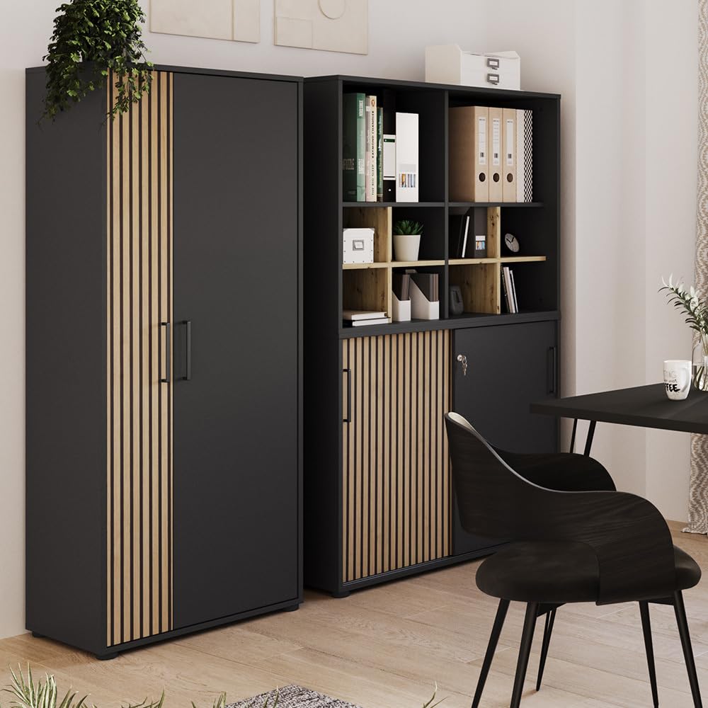 Lomadox Aktenschrank abschließbar Büroschrank mit Schiebetüren 100cm Breite modern in schwarz Akustikpaneel-Optik