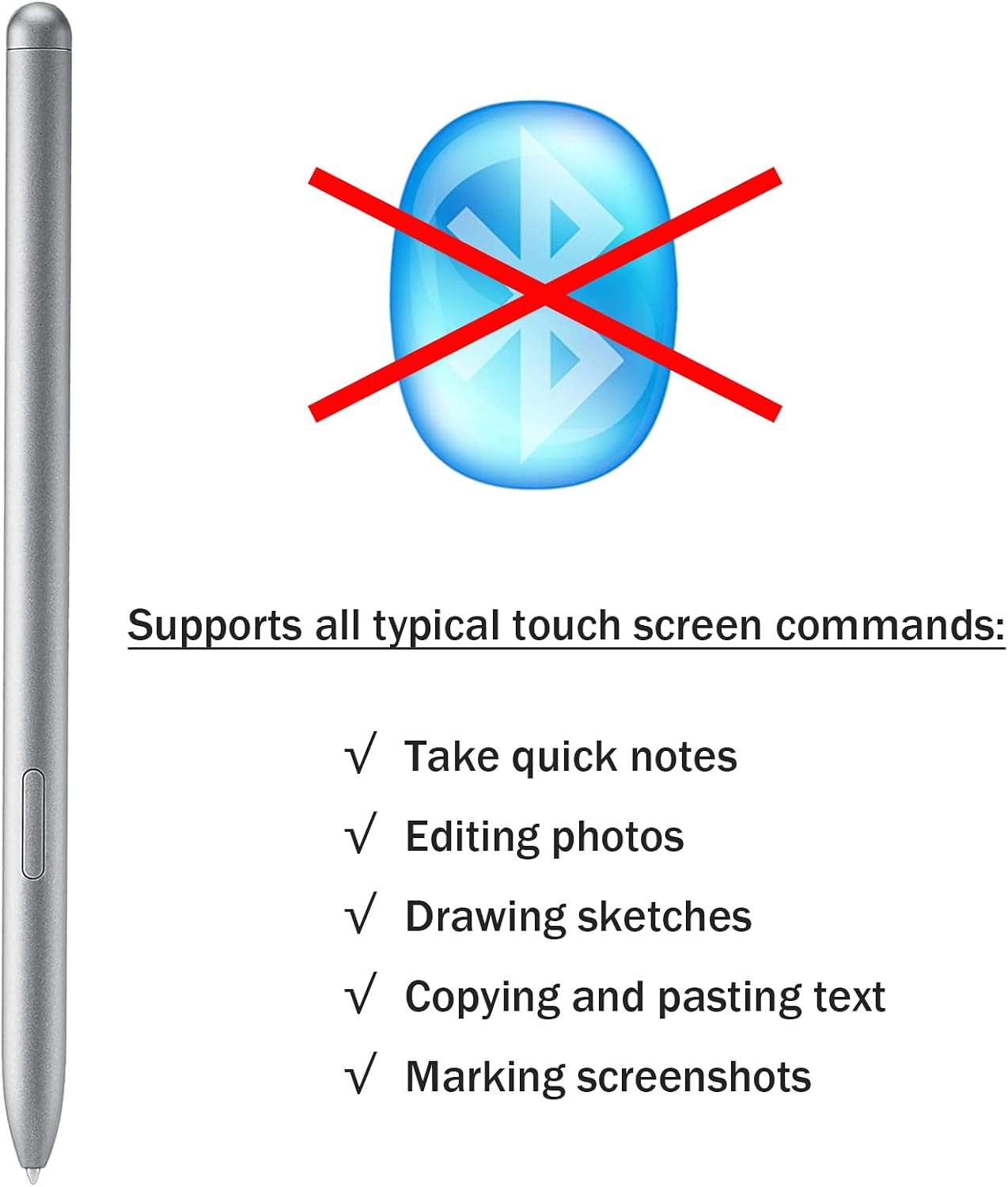 Stylus next to a crossed-out Bluetooth symbol and a list of supported commands