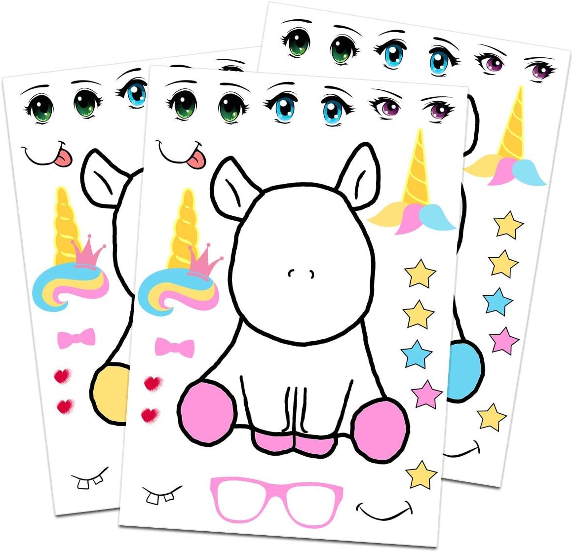 PartyNow Unicorn Stickers (24-Pack) with Changeable Faces - Rainbow Unicorn Party Favors for Kids