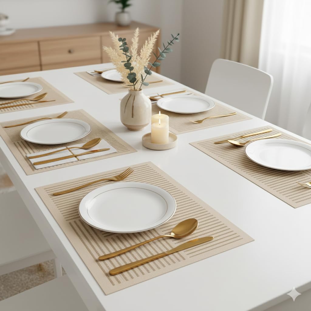 Placemats Pack of 6, Premium Waterproof Heat Resistant Dining Table Mats | Washable PU Leather Mats for Dinner | Non Slip Pad for Home Kitchen Restaurant (45 x 30 cm, Tan Beige Stripes)-image-9
