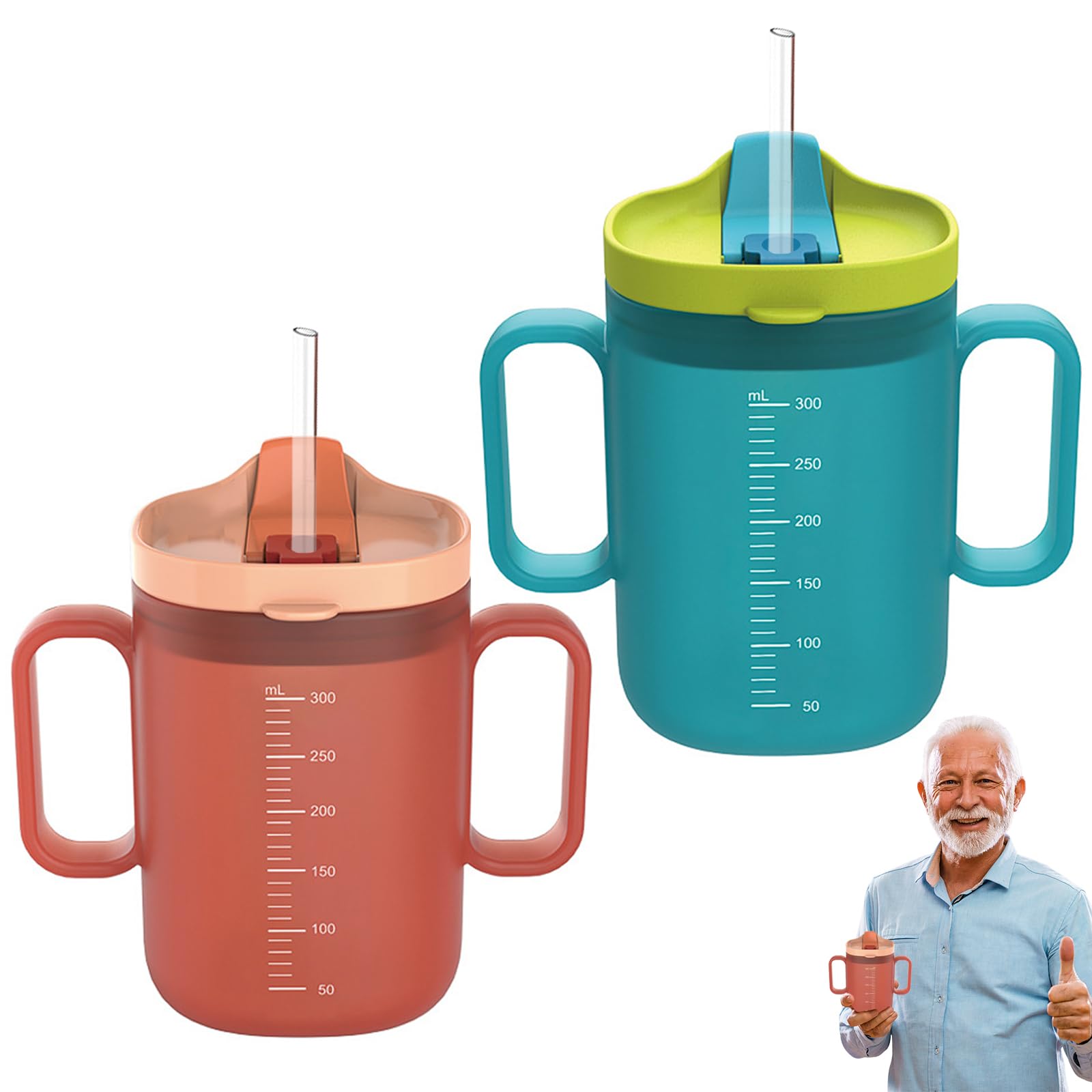 Pack de 2 vasos con pico para personas mayores, 300 ml, vaso a prueba de fugas con doble asa y pajita, vaso con pico para personas mayores, Sippy Cup Adult con tapa, recordatorio de bebida, marca de