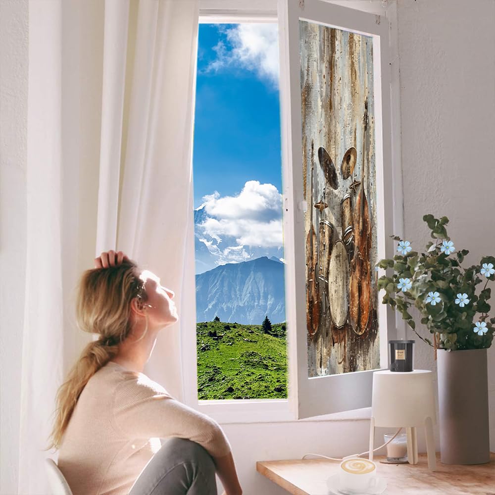Fensterfolie, Motiv: Retro-Aquarell-Instrumente, Buntglas-Fensterfolie, Gitarrentrommeln, Musikaufführung, dekorative Milchglas-Sichtschutzfolie, Wärmeregulierung, statische Haftung, Fensteraufkleber