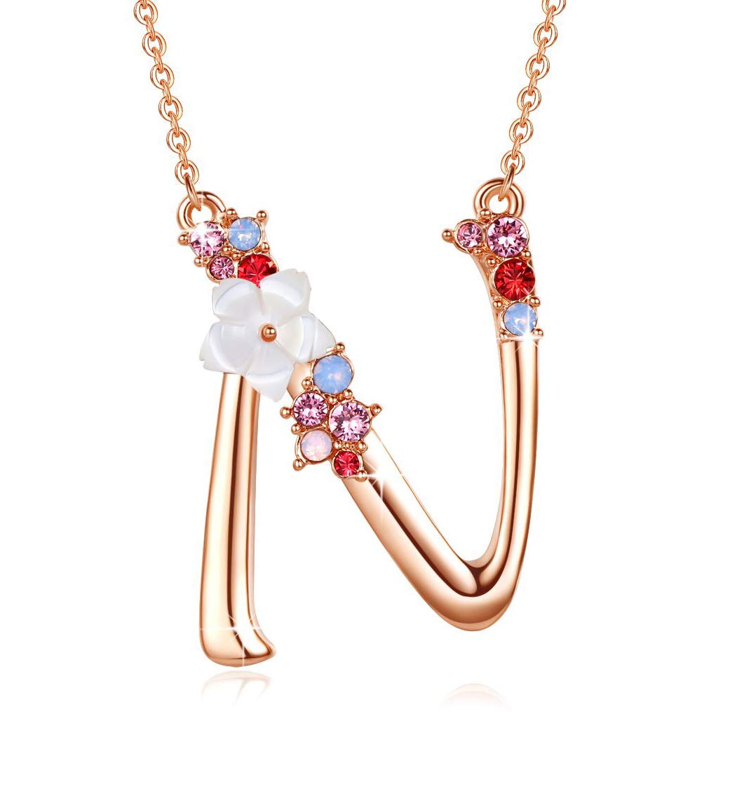 Flower Initial Letter Necklace Pink Red Blue Simulated Pearl Pendant Name Jewelry Made with Austrian Crystals Rose Gold Plated Anniversary Birthday Gifts for Women,18"+2"
