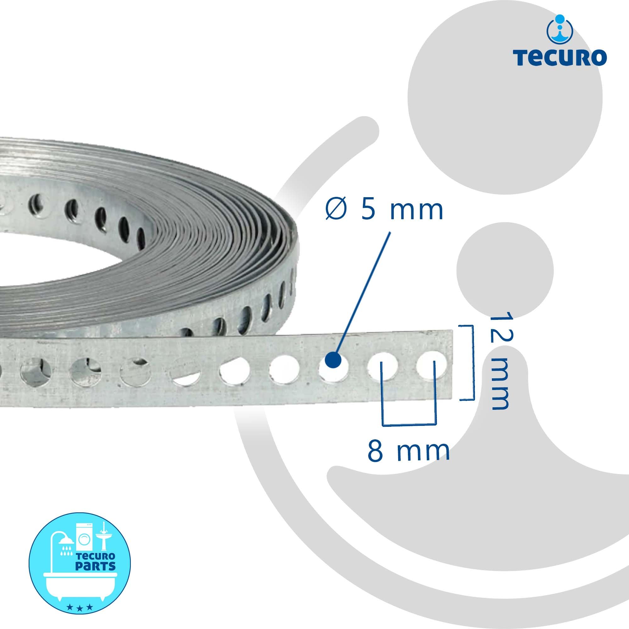 tecuro Taśma perforowana 12 mm x 10 m rolka, grubość materiału 0,6 mm, wymiar otworu Ø 5 mm - stal nierdzewna V2A - LBES12