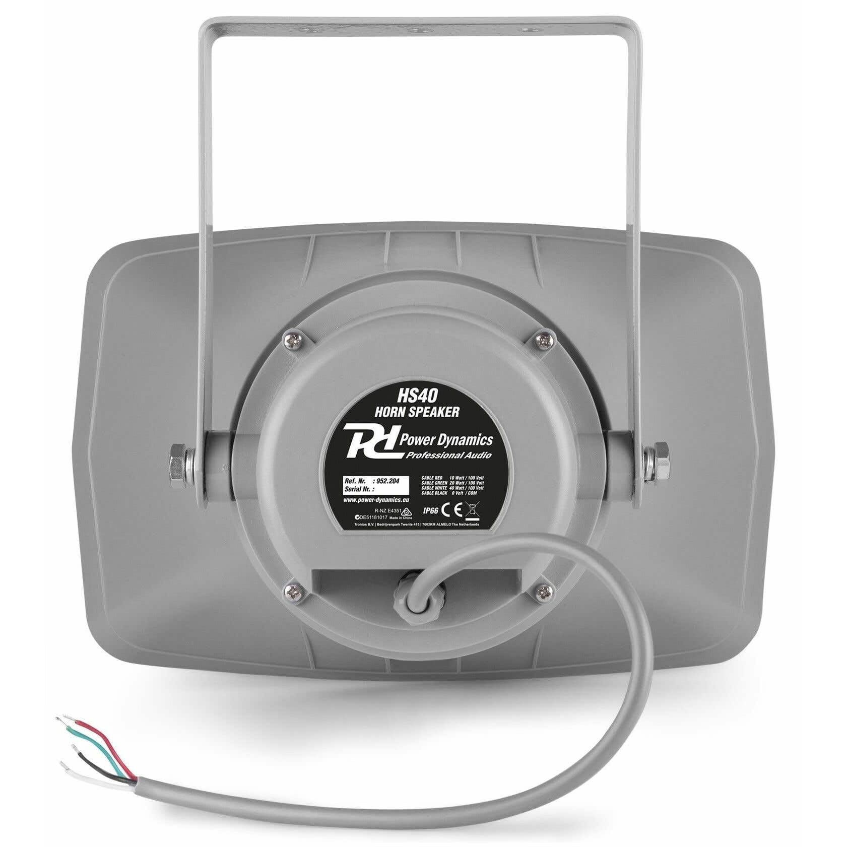 Power Dynamics HS40 - Altavoz de bocina, instalación línea 100 V, suministrado con Soporte de Montaje, Ideal para megafonía en estadios Deportivos o almacenes, 3 potencias de Salida 10W / 20W / 40W