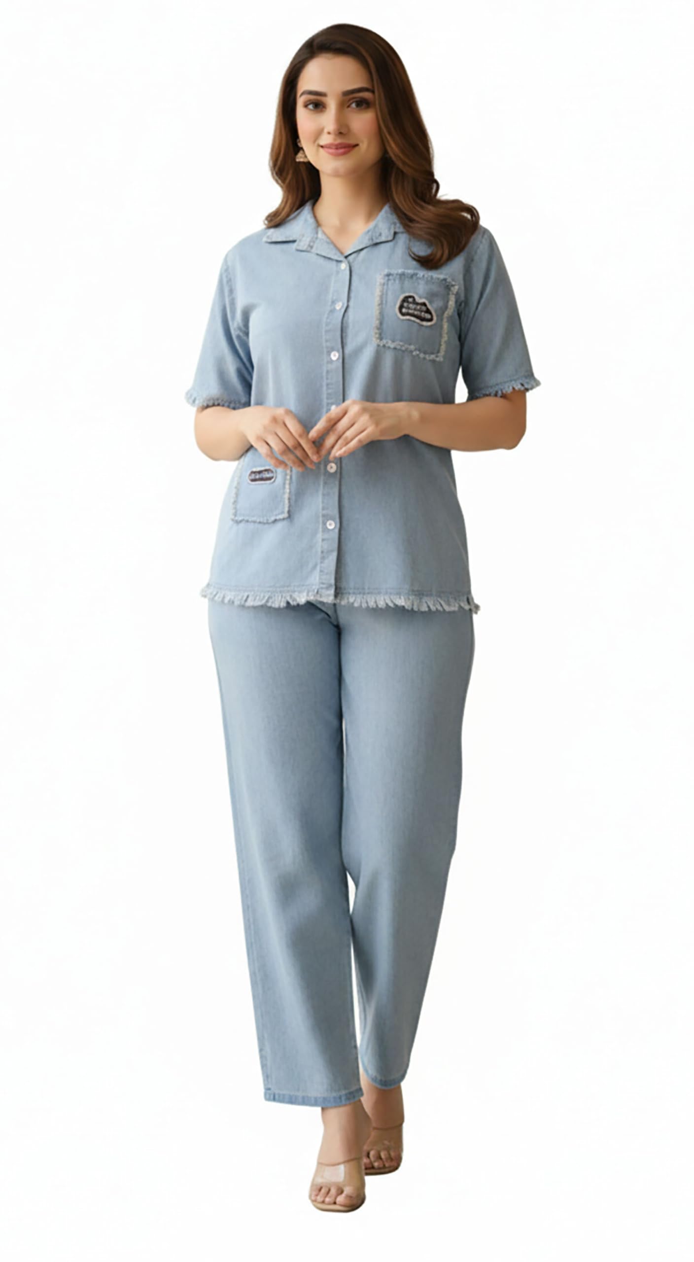 Co-Ord Set for Women Stylish | Kurta Sets for Women | Denim Embroidered Top with Frayed Hem | Soft Denim Wide-Leg Pants | Comfortable Short Sleeve| Western Co-0rd Set|