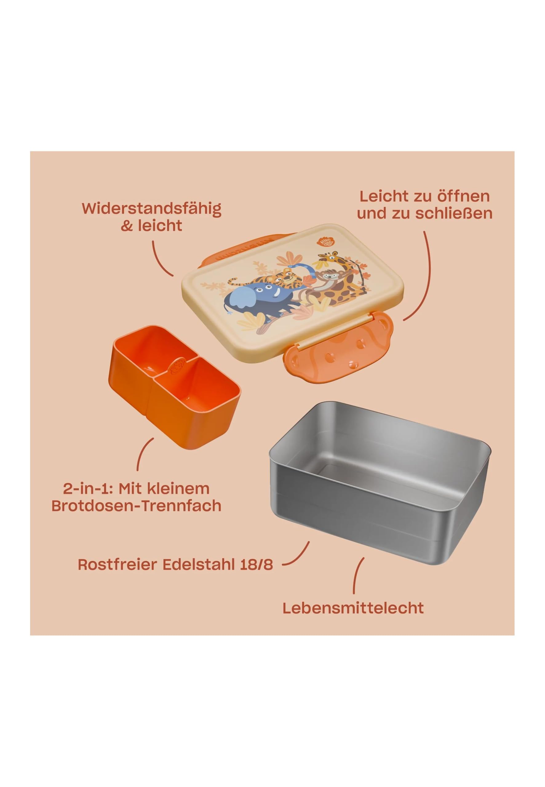 Affenzahn Boîte à pain en acier inoxydable avec compartiment séparé, passe au lave-vaisselle, avec motif coloré Savane ensoleillée - Orange