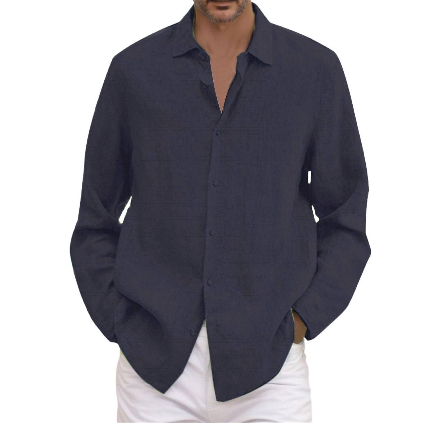 Chemise coton et lin homme grande taille décontractée manches longues - 6