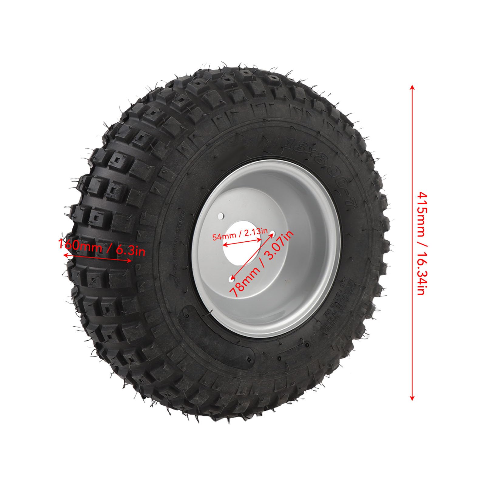 Acouto Tire 16x8-7 avec Roue 16x8-7 et 6pr Prevure Prooft ATV Utv Go Kart Chariot Pneu de Pneu Spécialement Conçu pour Une Excellente Adhérence avec Un Concentrateur à 3 Trous pour Une